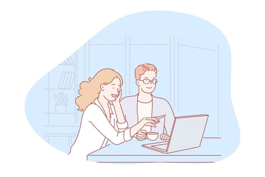 Teamwork, brainstorming, business communication about startup concept. Smiling young business partners coworkers cartoon characters sitting with laptop in office and discussing project together