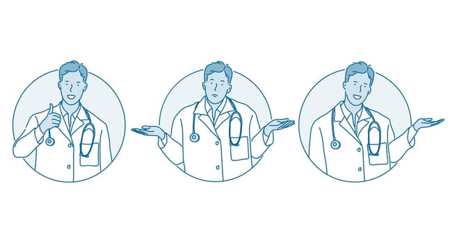 Healthcare, medicare, doctor showing signs concept. Young man doctor therapist in uniform cartoon character showing frustration, approving choice and pointing aside with hand vector illustration