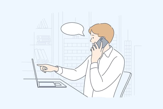 Business, work, communication, discussion concept. Businessman boy clerk manager freelancer working online behind laptop in office speaking on mobile phone. Remote job at home workplace illustration.