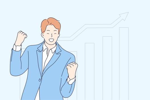 Statistics,business, success, goal achievement, celebration concept. Young businessman boy clerk manager broker cartoon character celebrates stock profit growth. Reaching purposes winning illustration