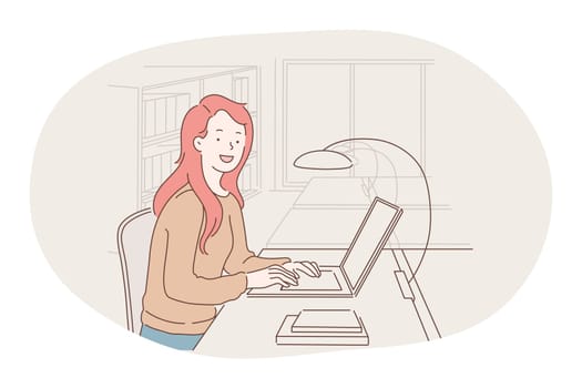 Working in office, modern company interior, online communication concept. Young smiling woman cartoon character sitting on workplace with laptop, working, communicating, thinking about work