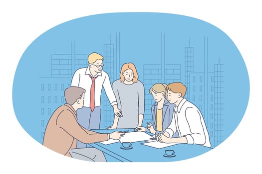 Teamwork, brainstorming, business communication about startup concept. Group of young business people coworkers cartoon characters having negotiations discussing project in office together