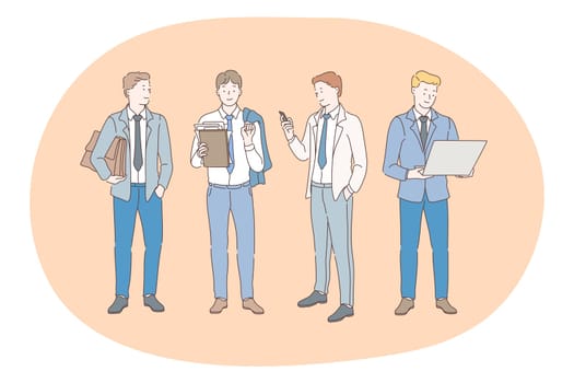Working in office, modern company worker, online communication concept. Young happy business man cartoon character standing and holding tablet, smartphone, laptop and case in hands