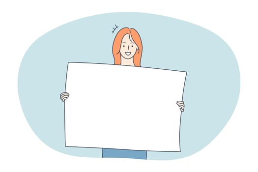 Demonstration, promotion, advertisement concept. Young positive woman cartoon characters holding white blank placard with copy space mockup for text and smiling vector illustration