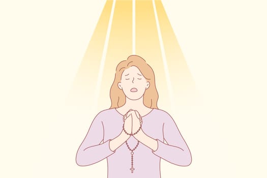 Praying, religion, christianity concept. Young desperate religious woman or girl christian cartoon character praying offering worship with beads. Asking for request faith and God blessing illustration