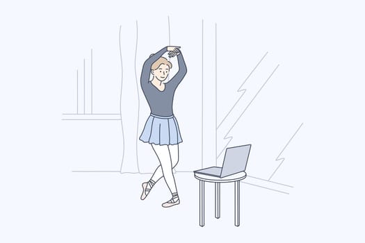 Ballet, training, dance concept. Young girl kid teen ballerina dancer cartoon character practicing classic choreography during online class at home. Social distance on quarantine and online education.