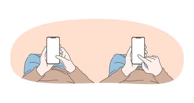 Online communication on smartphone, chatting concept. Hands of man with smartphone chatting, searching information in internet, calling, dating or communicating online
