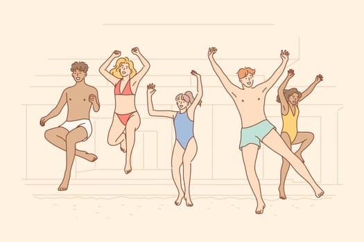 Summer, party, fun, holiday concept. Young happy people men women boys girls friends teenagers having fun at pool jumping in water together. Active lifestyle weekend vacation recreation illustration.