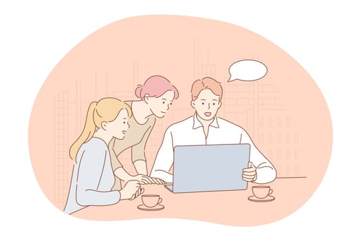 Teamwork, brainstorming, business communication about startup concept. Group of young positive business people coworkers cartoon characters making presentation on laptop and discussing project