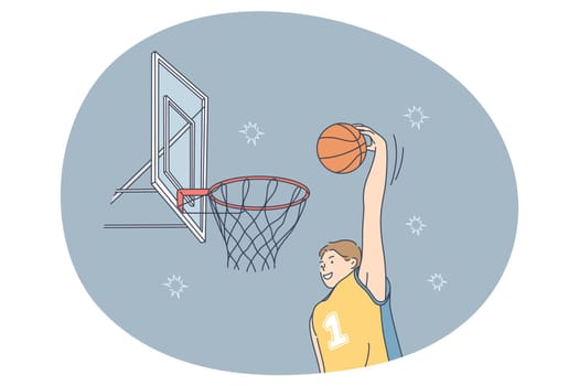 Basketball player, sport, team competition concept. Young smiling man basketball player in uniform showing slam dunk in jump during competition game in championship vector illustration