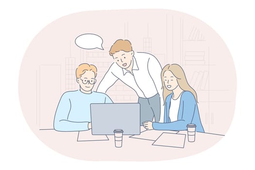 Teamwork, negotiations, business communication concept. Group of young business people office workers partners cartoon characters discussing projects in office with laptop and sharing ideas