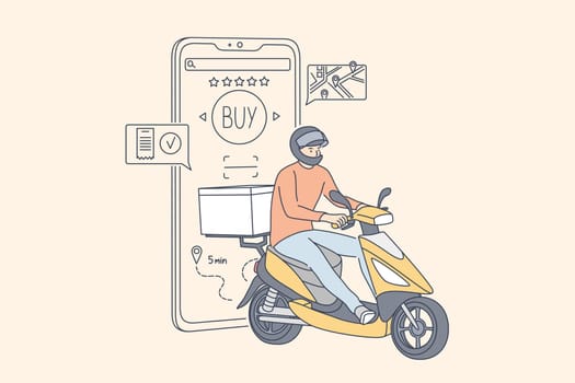 Shopping, fast delivery, digital marketing, quarantine coronavirus concept. Man boy supplier cartoon character goes to order in scooter. Application purchases using smartphone on lockdown illustration
