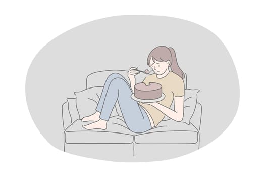 Unhealthy eating, fast and junk food, calories concept. Young stressed unhappy girl cartoon character sitting on sofa eating fast food sugar fat cake at home. Overweight, snack, harmful eating