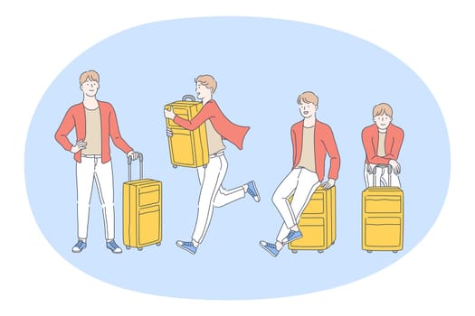 Travelling with luggage, journey and vacations with suitcase concept. Young man traveller tourist with yellow suitcase standing, waiting and hurrying for his flight in airport vector illustration