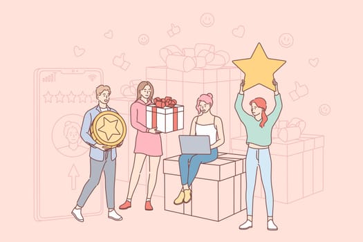 Rating, feedback, online, ecommerce concept. Young men and women consumers cartoon characters standing with star laptop box and coin. Customer loaylty program and giving rewards and gifts illustration