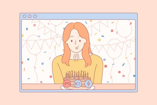 Celebration, online, birthday, holiday, quarantine, coronavirus concept. Young woman girl cartoon character celebrates birthday remotely blowing cake candles. Self isolation party on 2019ncov lockdown