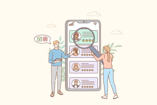 Human resources management, recruitment concept. People looking and choosing candidates for vacancies and company positions online on smartphone application during recruitment process