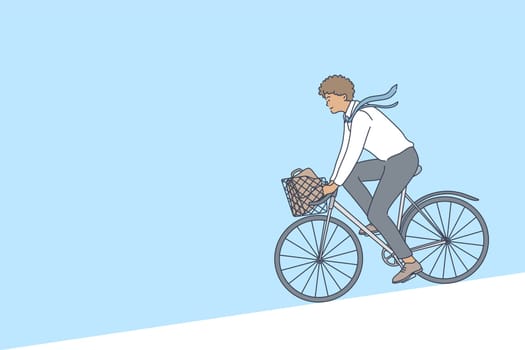Cycling, business, weekend concept. Young afro american businessman clerk manager cartoon character riding bicycle to work on city street after weekends. Active lifestyle sport activity illustration.