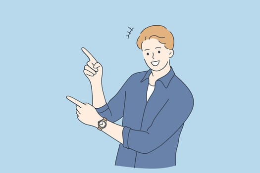 Positive emotions and gesturing concept. Young smiling man cartoon character wearing denim shirt standing looking at camera and pointing with two hands and fingers to side vector illustration