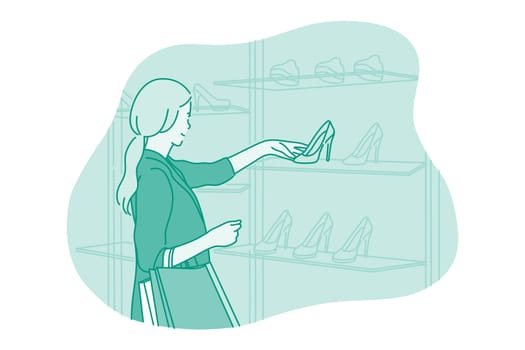 Shopping, fashion, customer concept. Young positive woman cartoon character choosing stylish shoes during shopping in boutique or trade centre. Style, sales, footwear clothes illustration