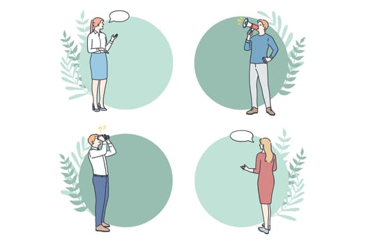 Diagrams, layouts, business mockups concept. Business people workers standing near frames circles infographic workflow layout can be used as steps of working process or strategy