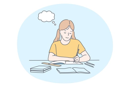 Success in studying, excellent school pupils concept. Smiling school girl cartoon character sitting doing homework, having excellent marks for educational exams and showing good knowledge