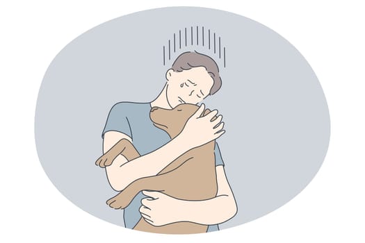 Adoption dogs from shelter, volunteering and helping pets concept. Young boy cartoon character holding brown adopted puppy on hands, hugging and embracing vector illustration
