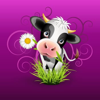 Cute Holstein cow in green grass over purple