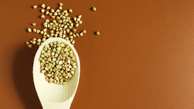 Green buckwheat in a wooden spoon on a brown background. Great food. healthy groats. Organic raw non-fried vegetarian food. The concept of a healthy and balanced diet. Dietary foods. Copy space.