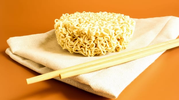 raw instant noodles on a towel with chopsticks on a yellow background. pasta, for the preparation of which it is enough to pour boiling water over it and wait a few minutes. Copy space
