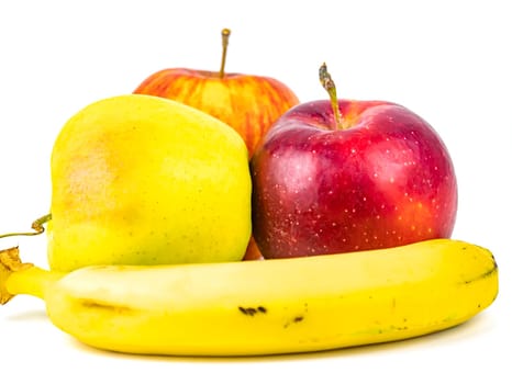 Apples and banana on a white background. Fruit. Food photo. Place for text. Showcase.
