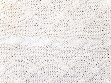 Texture of white woolen knitted fabric. Place for text. Background image.
