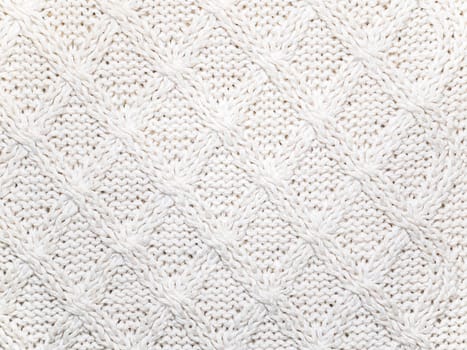 Texture of white woolen knitted fabric. Place for text. Background image.