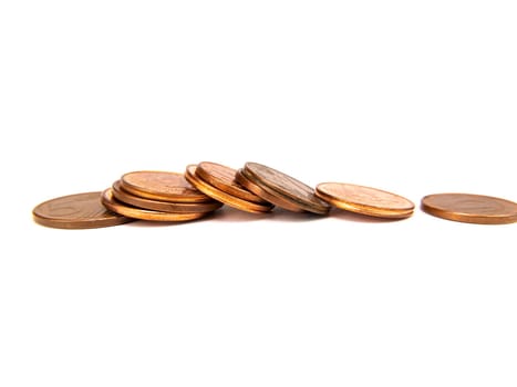Money small coins on a white background with place for text. Euro. Cent. Business. Free place. Background image.