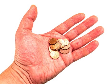 Money small coins in a hand on a white background. Euro. Cent. Business. Place for text. Free place. Background image.