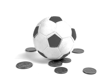Soccer ball and money on a white background. Soccer referee cards. Sport. Tote. Bribe. Rates. Bribe. Corruption. Championship. World. Europe. Football.