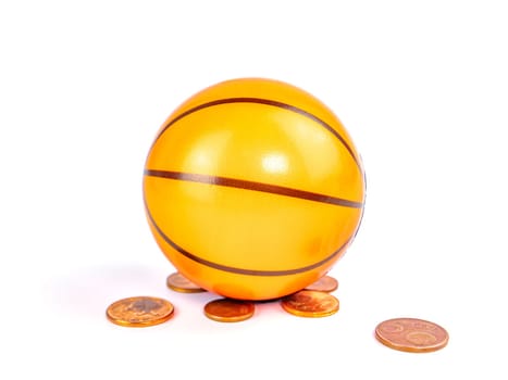Basketball ball with coins on a white background. Sport. Tote. Background image. Place for text.