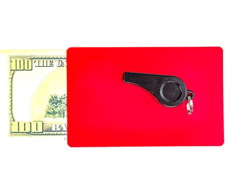 Warning cards and money of a football referee.. Corruption of a football referee for money. Money. Soccer referee cards. Sport. Tote. Bribe. Rates. Bribe. Place for text. Euro currency. Dollar.