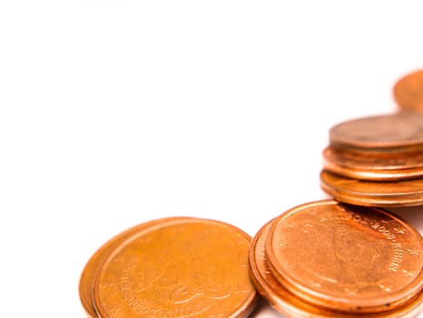 Money small coins on a white background with place for text. Euro. Cent. Business. Free place. Background image.