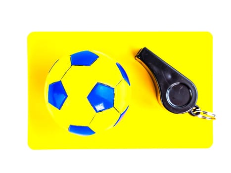 Soccer ball and yellow card with the whistle of a soccer referee on a white background. Football. Championship. World. Europe. Referee. Place for text.