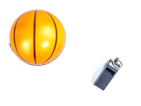 Basketball ball and referee whistle on a white background. Sport. Tote. Background image. Place for text.