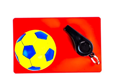 Soccer ball and red card with the whistle of a soccer referee on a white background. Football. Championship. World. Europe. Referee. Place for text.