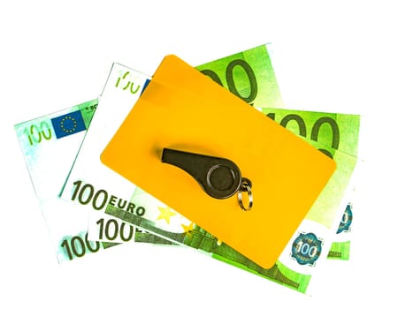 Warning cards and money of a football referee.. Corruption of a football referee for money. Money. Soccer referee cards. Sport. Tote. Bribe. Rates. Bribe. Place for text. Euro currency. Dollar.