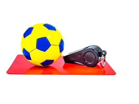 Soccer ball and red card with the whistle of a soccer referee on a white background. Football. Championship. World. Europe. Referee. Place for text.