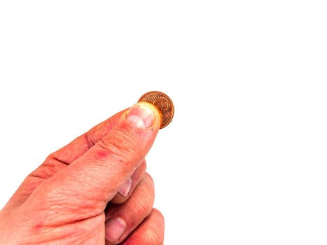 Money small coins in a hand on a white background. Euro. Cent. Business. Place for text. Free place. Background image.