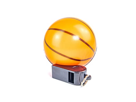Basketball ball and referee whistle on a white background. Sport. Tote. Background image. Place for text.