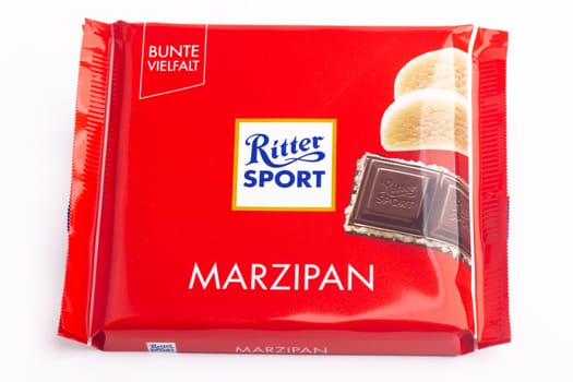HUETTENBERG, GERMANY - 2021-07-24, RITTER SPORT chocolate with marzipan filling. RITTER SPORT is German chocolate brand founded in 1912.