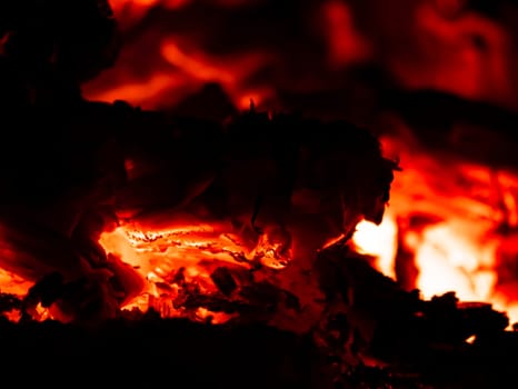 Red heat of charcoal burning wood in the dark. Fire. Background image. Place for text.