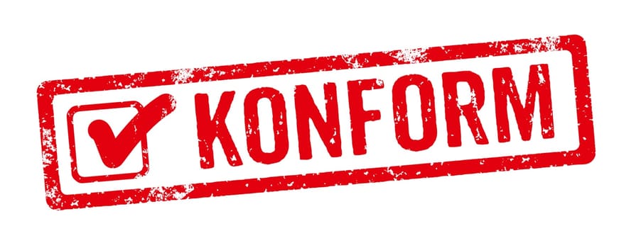Red stamp on a white background - Complient in german - Konform