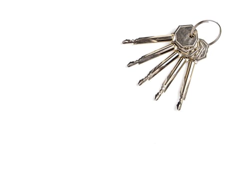 A bunch of keys to a door lock on a white background. Security. Security. Place for text. Technology.